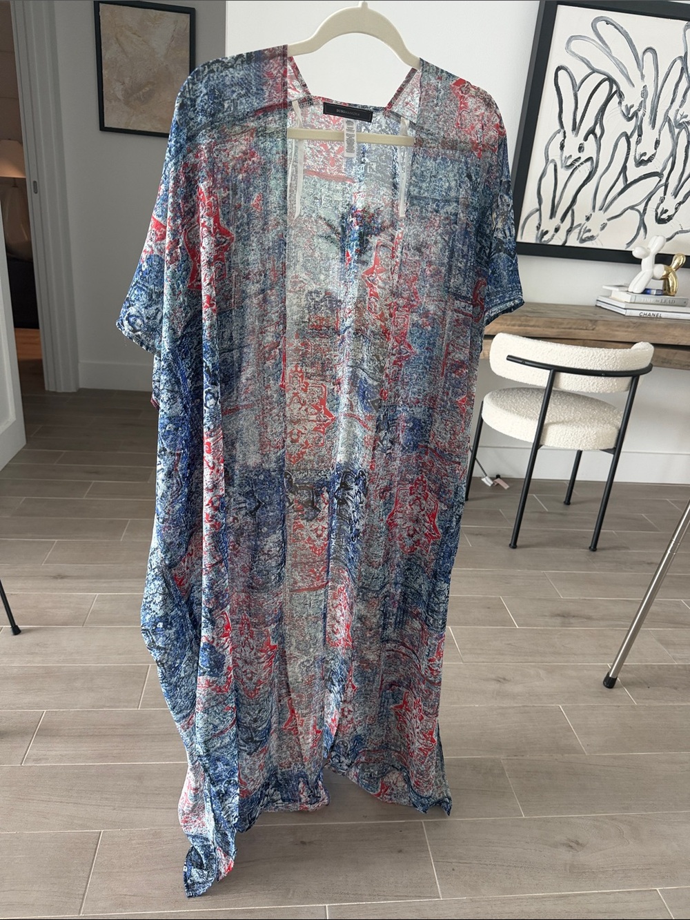 BCBGMaxAzria Blue & Red Sheer Printed Swim Coverup Kimono